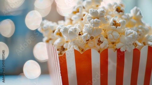 Popcorn in a red and white box with a bokeh background. © InfiniteStudio