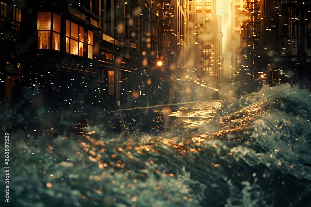 Fototapeta premium Flooded City Street at Sunset. Dramatic Image of Climate Change Impact