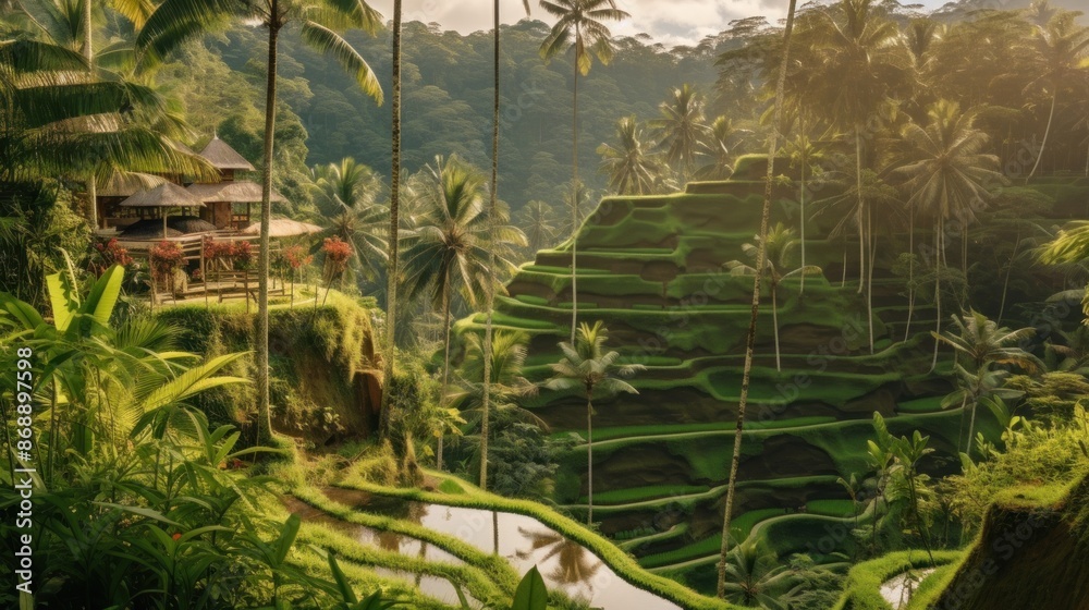 A path winds through a lush green field with palm trees in the background A path winds through a lush green field with palm trees in the background