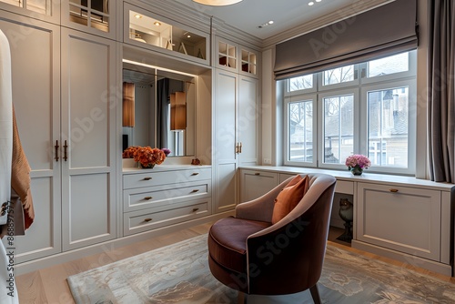 Elegant and spacious walk-in closet with custom cabinets, vanity table and comfortable armchair. Interior design ideas for bedroom, wardrobe, and home organization.