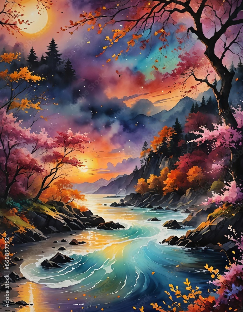 A brilliant, vibrantly colored illustration of a sky at sunset over water. A brilliant, vibrantly colored illustration of a sky at sunset over water.