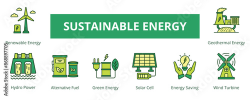 Sustainable Energy Lineal Color Banner Web Icon Set Vector Illustration, Renewable Energy Hydro Power Green Energy Alternative Fuel Solar Cell Energy Saving Wind Turbine Geothermal Energy