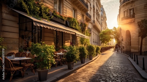 A street with a sidewalk and a row of tables and chairs