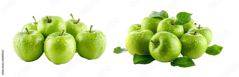 Obraz premium Two groups of green apples with water droplets