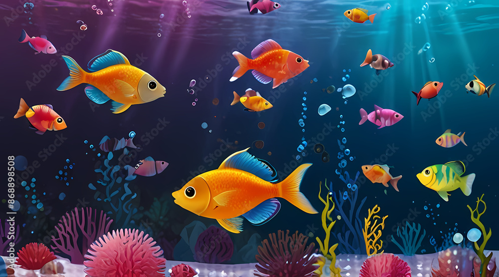 Naklejka premium Beautiful Colorful Orbeez Aquarium Full of Fish