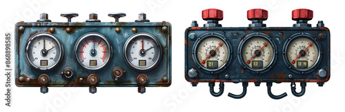 Two panels of gauges with digital readouts on a rusty, blue metal background