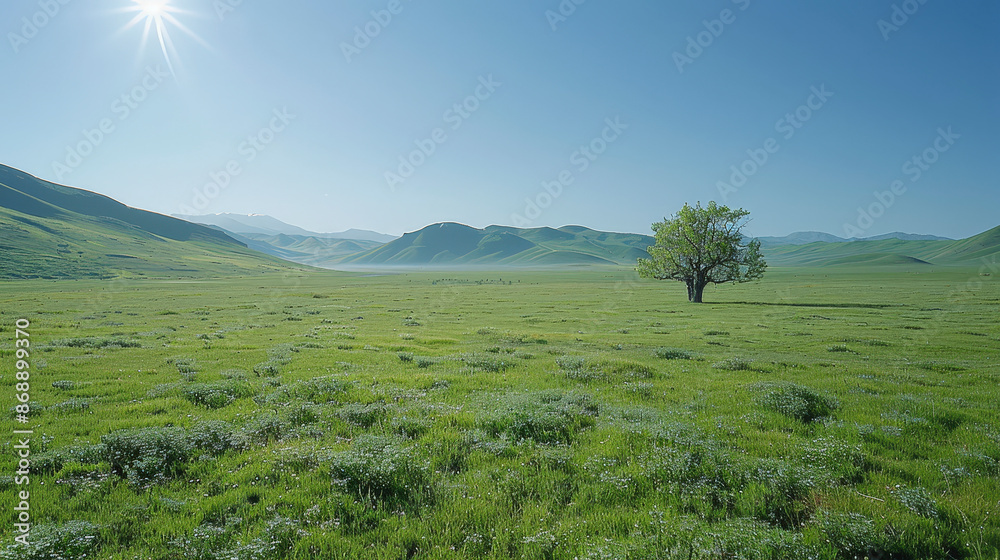 A lone tree stands in the middle of a vast, green meadow under a bright blue sky, with rolling hills in the background. A lone tree stands in the middle of a vast, green meadow under a bright blue sky, with rolling hills in the background.