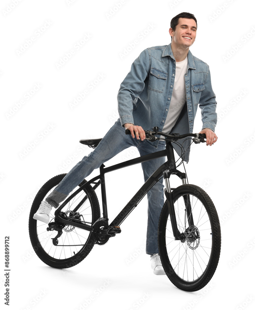 Smiling man with bicycle isolated on white Smiling man with bicycle isolated on white