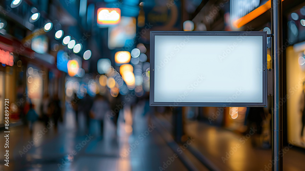 Blank Signboard in Vibrant Market Setting for Custom Messages or Ads - Marketing Concept with Blur Background Blank Signboard in Vibrant Market Setting for Custom Messages or Ads - Marketing Concept with Blur Background