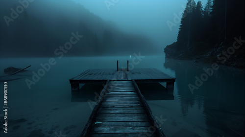 Eerie foggy forest lake with trestle bridge