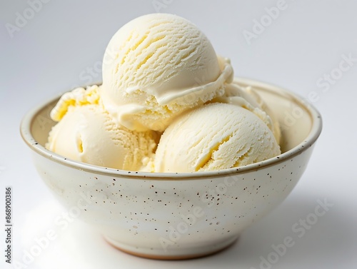Scoops of vanilla ice cream in a bowl on a white background