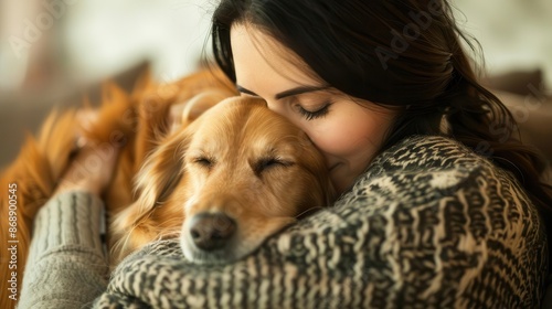 heartwarming scene of person embracing furry companion soft focus on emotional connection warm lighting highlighting unconditional love cozy home setting emphasizing comfort and support © furyon