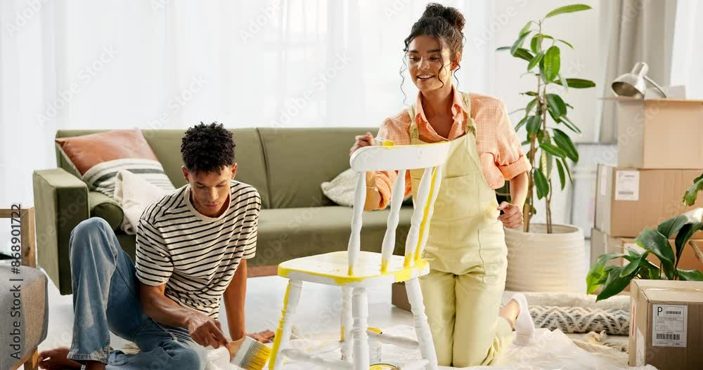 Couple, painting chair and move in to new home for renovations, relocation and furniture building. Relationship, man and woman together with tools for bonding, support and partnership for teamwork Couple, painting chair and move in to new home for renovations, relocation and furniture building. Relationship, man and woman together with tools for bonding, support and partnership for teamwork