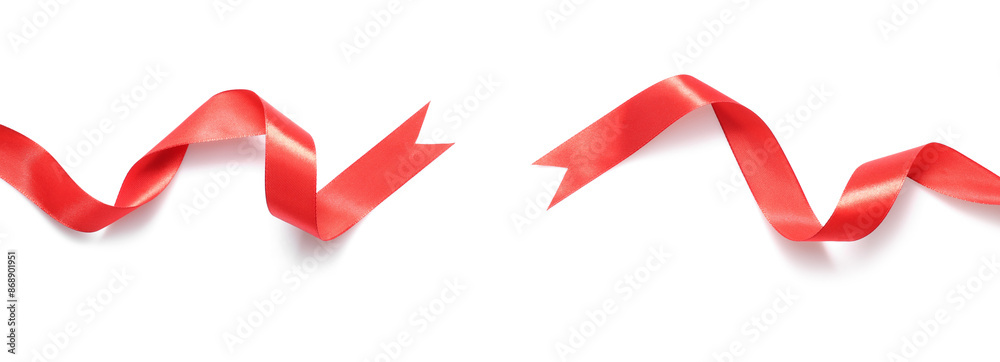 Two beautiful red ribbons isolated on white, top view Two beautiful red ribbons isolated on white, top view