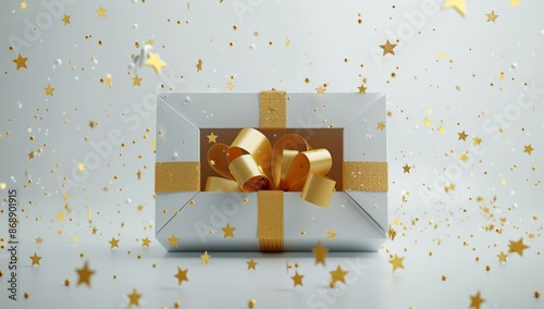 White Gift Box With Gold Ribbon and Confetti on White Background