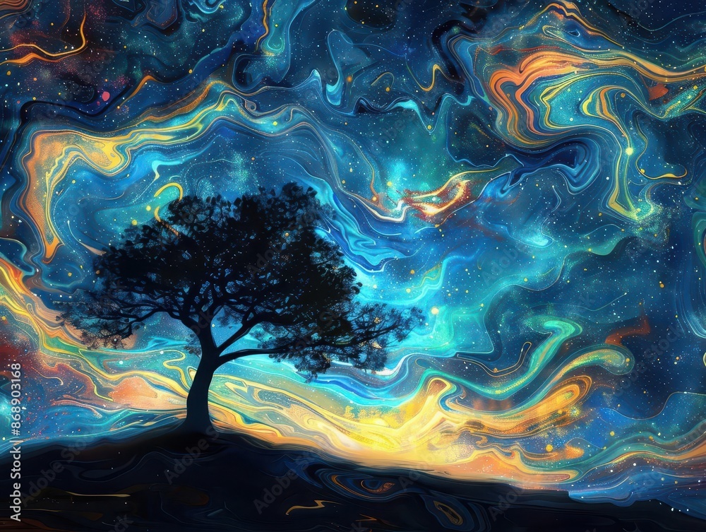 ethereal digital painting of a lone tree silhouette against a starry night sky abstract swirls of cosmic energy ethereal digital painting of a lone tree silhouette against a starry night sky abstract swirls of cosmic energy