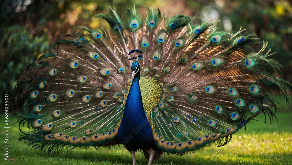 Obraz premium A vibrant peacock with its stunning tail feathers fully fanned out