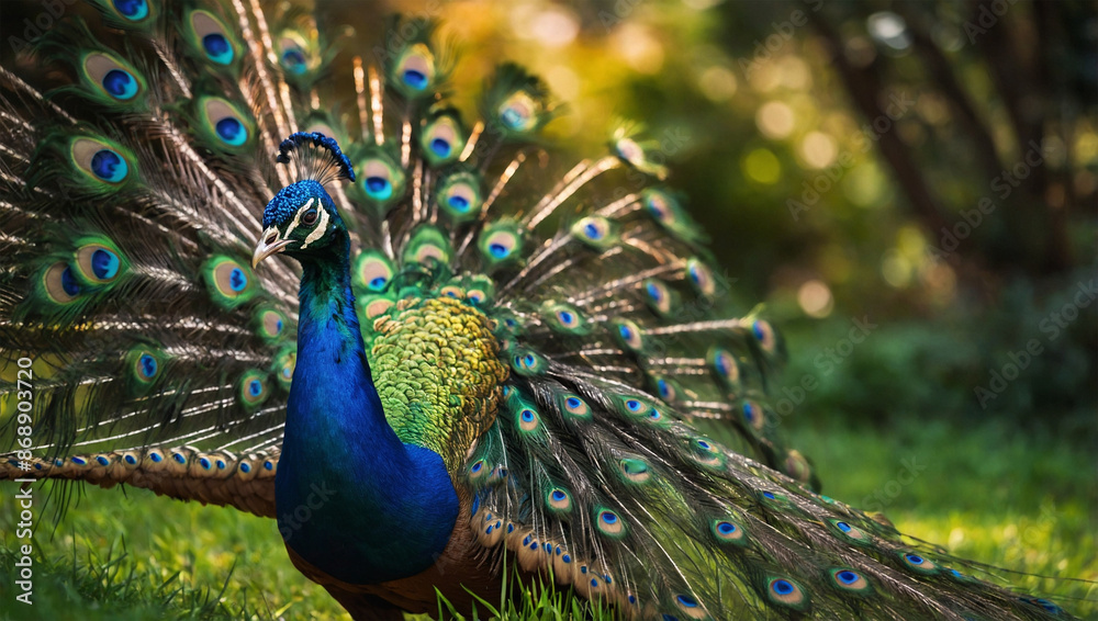 Obraz premium A vibrant peacock with its stunning tail feathers fully fanned out