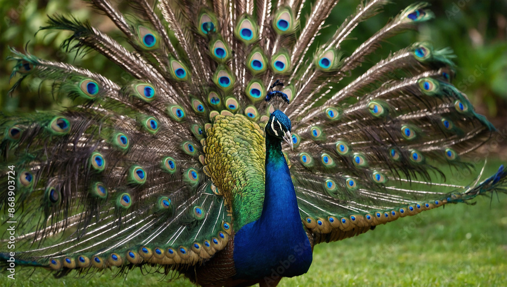 Obraz premium A vibrant peacock with its stunning tail feathers fully fanned out