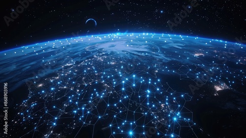 A digitally enhanced view of Earth from space at night, overlaid with a glowing blue network grid, symbolizing global connectivity, communication, and technology