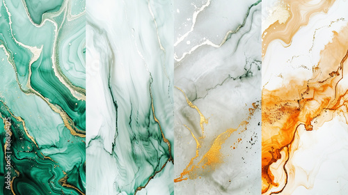 Wallpaper Mural Four type abstract marble pattern with swirling colors of green, white, gold, and orange. The intricate designs and the gold veins add a luxurious background Torontodigital.ca