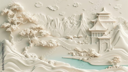 Beautiful Chinese landscape 3d relief wallpaper. Mural wallpaper. Wall art. AI generated illustration. © sania