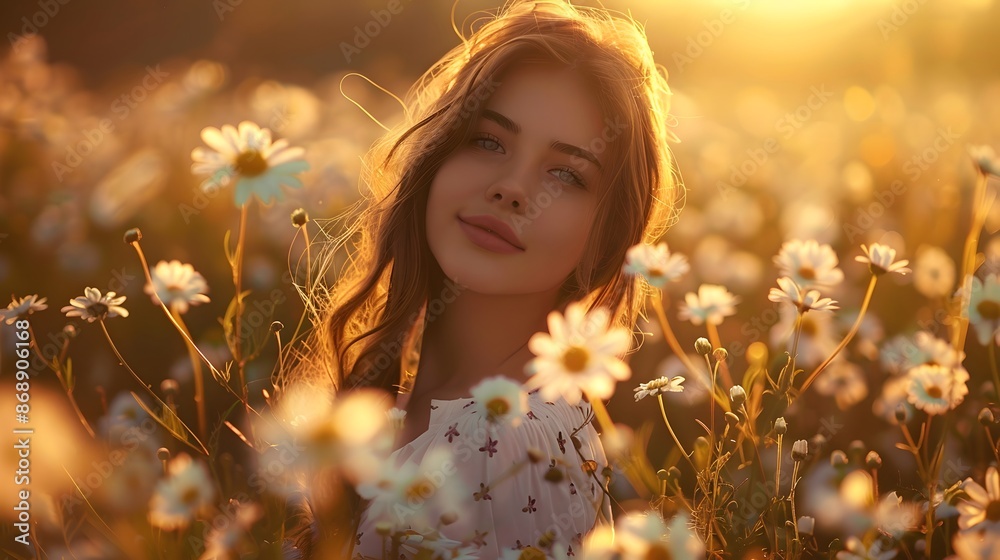 Woman in a field with flowers. Beautiful girl in a field with daisies. Woman in a field with flowers. Beautiful girl in a field with daisies.