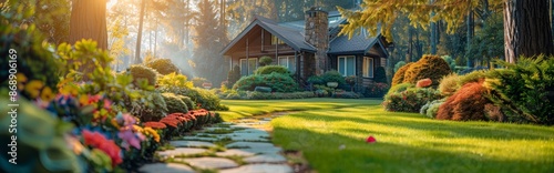 Stone Pathway Leading To Lush Green Lawn In Front Of A Brick Home On A Sunny ...