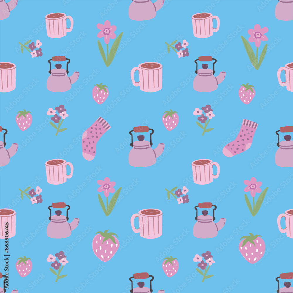 seamless background with cupcakes pink flower kettle seamless background with cupcakes pink flower kettle
