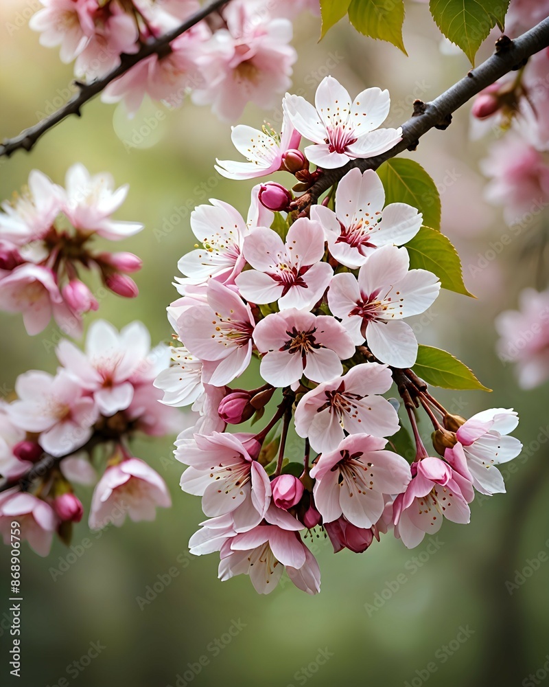 This image shows a cherry blossom branch with lots of pink flowers and hanging buds. The background is blurry, depicting a beautiful natural atmosphere This image shows a cherry blossom branch with lots of pink flowers and hanging buds. The background is blurry, depicting a beautiful natural atmosphere