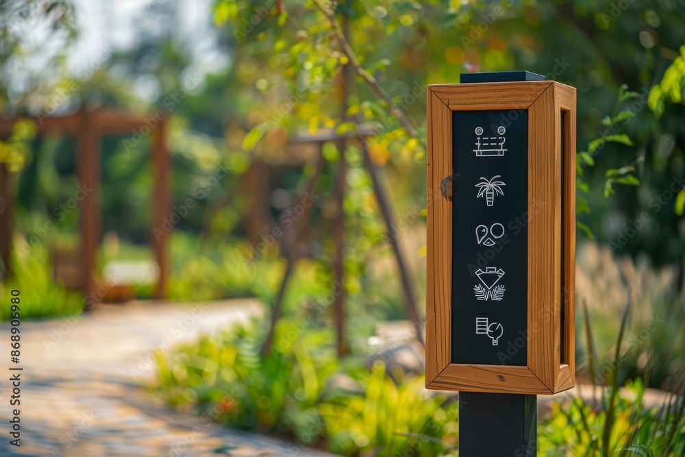 Wooden Signpost with Park Information in a Lush Garden Wooden Signpost with Park Information in a Lush Garden