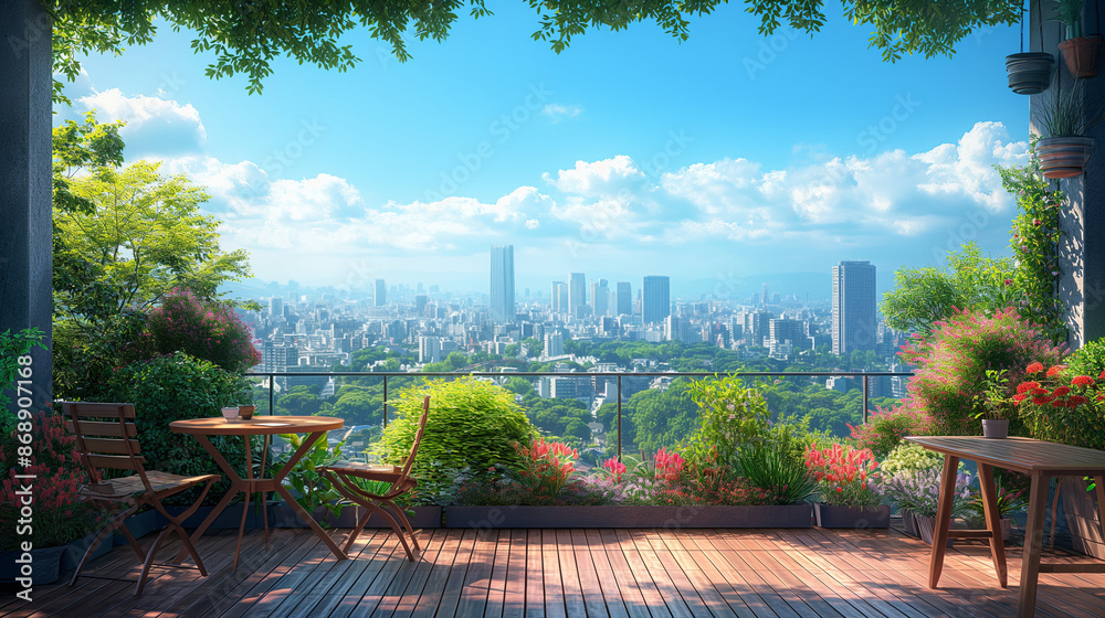 Fototapeta premium カフェのテラス席と高層ビル