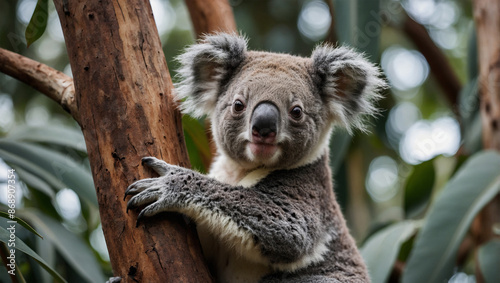 Adorable koala clinging to a tree branch