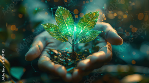 Hands gently cradle a growing seedling, illuminated by glowing elements, representing the fusion of nature and technology in a harmonious future.