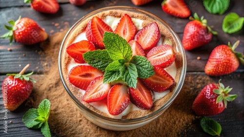 Strawberry dessert topped with fresh mint leaves.