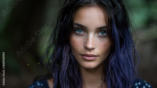Captivating young woman with striking blue eyes and dark hair © Balaraw