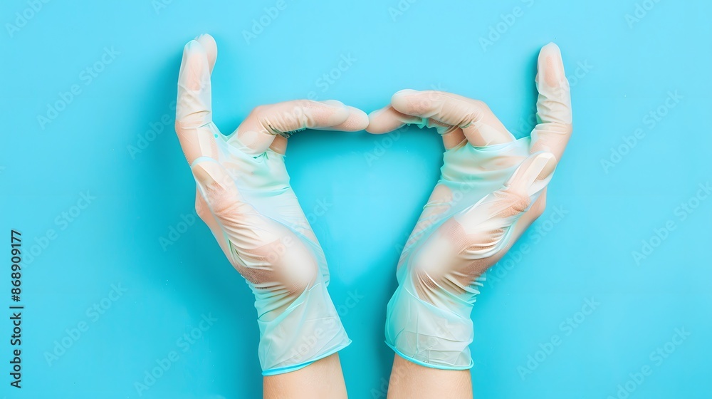 Hand in medical gloves in shape of heart on blue background. Hand in medical gloves in shape of heart on blue background.