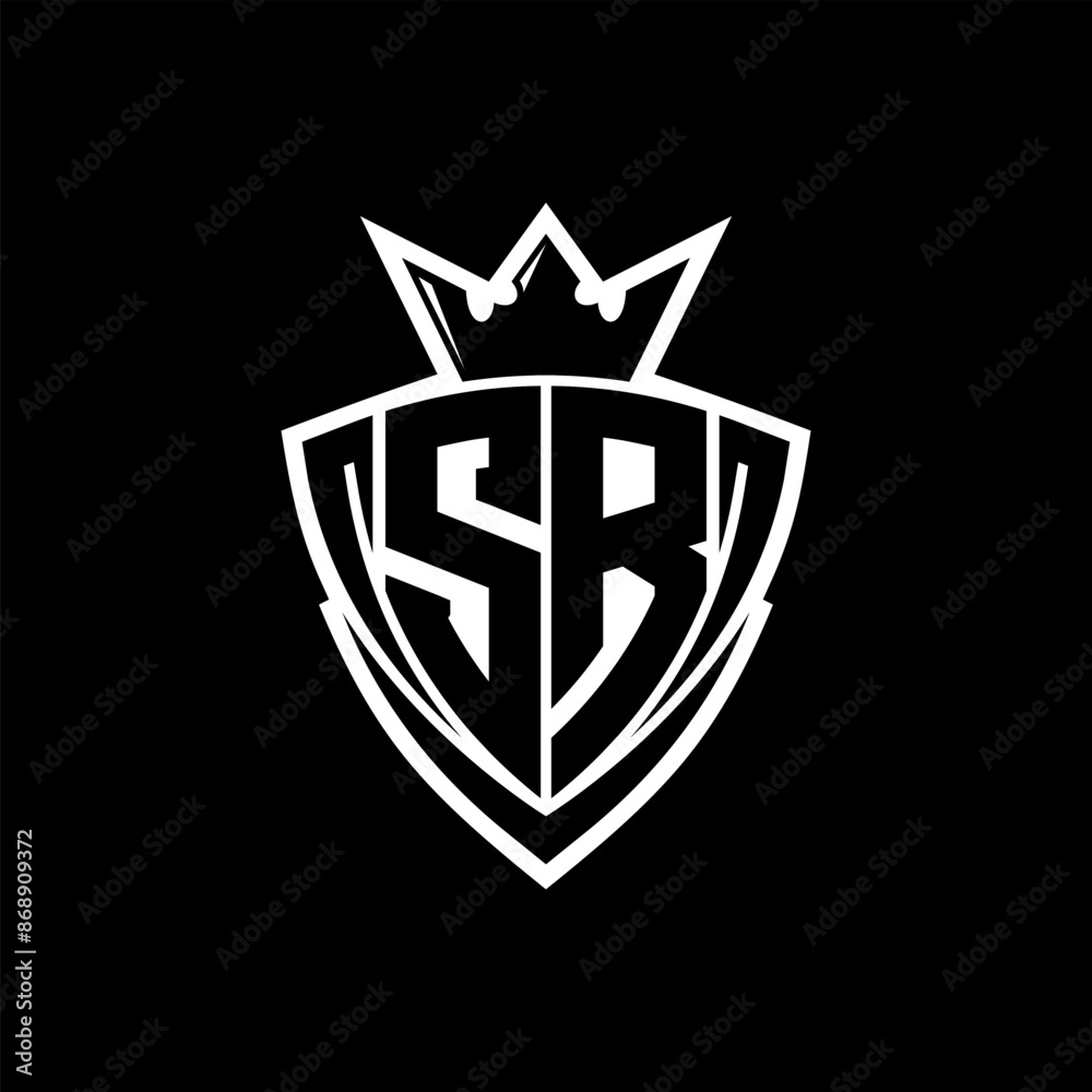 SR Letter logo with sharp triangle shield shape with crown inside white outline on black background template design SR Letter logo with sharp triangle shield shape with crown inside white outline on black background template design