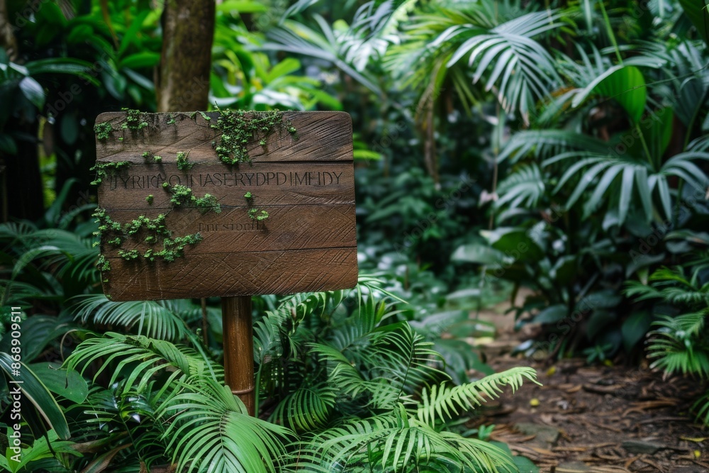 Wooden Sign in Lush Tropical Rainforest Wooden Sign in Lush Tropical Rainforest