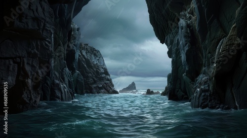 Dramatic rocky coastline with stormy sea photo
