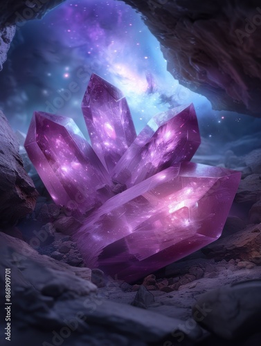 Enchanting Amethyst Crystal Cluster in Mystical Cave