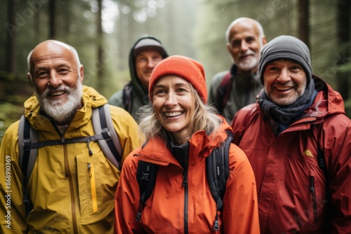 Portrait of a smiling group of senior hikers in rain jackets