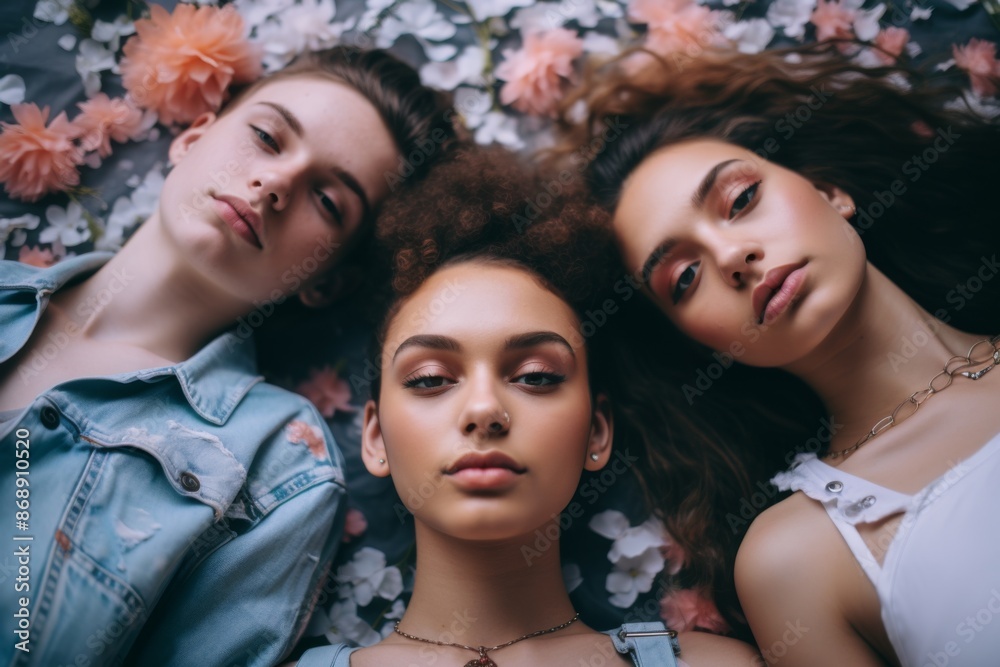 Portrait of three diverse teenagers posing for selfie Portrait of three diverse teenagers posing for selfie