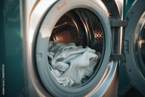 Close up of a washing machine drum with clothes