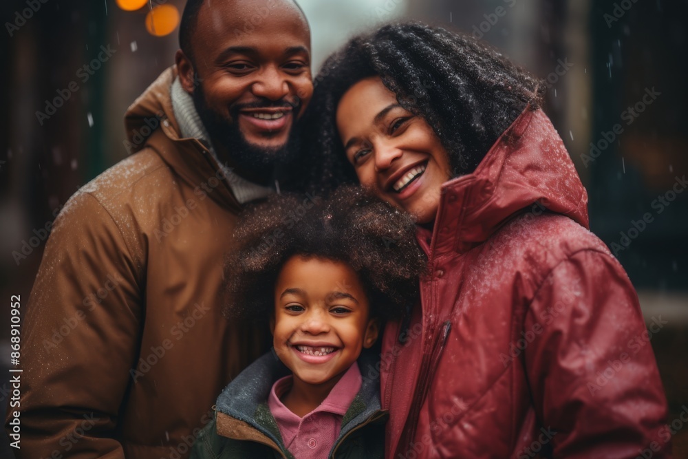 Portrait of a smiling African American family in rain with raincoats Portrait of a smiling African American family in rain with raincoats