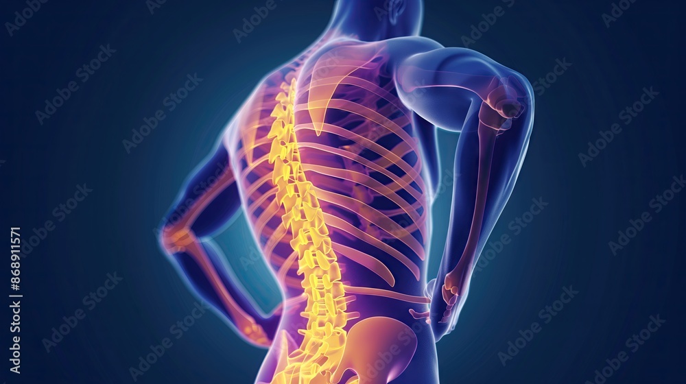 Back pain light image, 3d illustration, transparent image showing the spine, showing pain symptoms. Back pain light image, 3d illustration, transparent image showing the spine, showing pain symptoms.