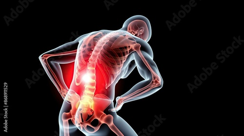 Back pain light image, 3d illustration, transparent image showing the spine, showing pain symptoms. photo