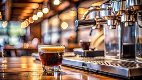 Espresso shot on a wooden counter in a cafe.