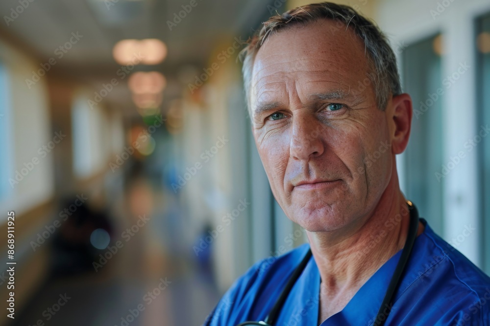 Portrait of a middle aged male registered nurse in hospital corridor Portrait of a middle aged male registered nurse in hospital corridor