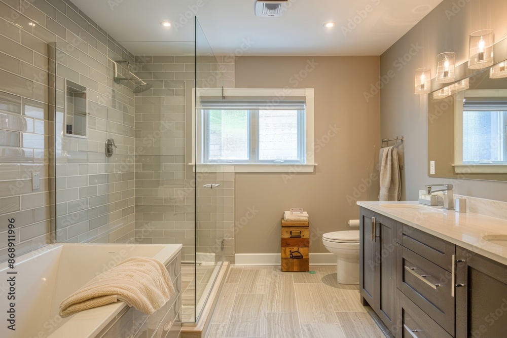 Fototapeta premium Modern Bathroom with Shower, Bathtub, and Double Vanity